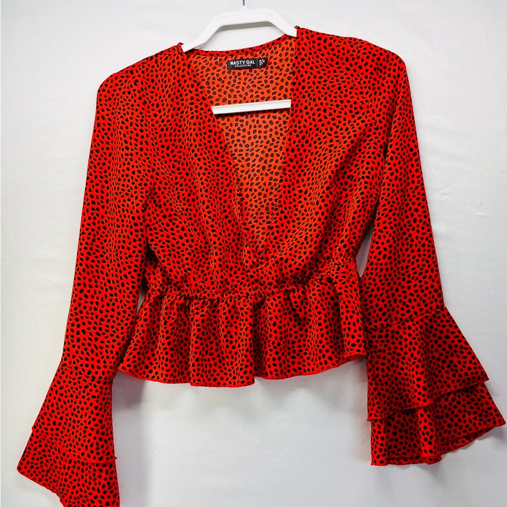 Nasty Gal Red Black Dot‎ Peplum Wrap Blouse
